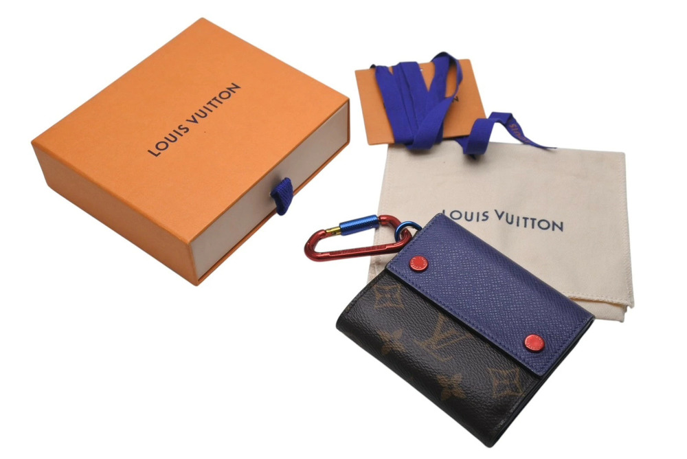 LOUIS VUITTON Monogram Taiga Compact Wallet Tri fold Brown Blue Red